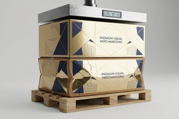 Gold foil and dark blue boxes, one crushed under 84.1 kg load from a compression tester, demonstrating Premium Visual Merchandising failure on a pallet.