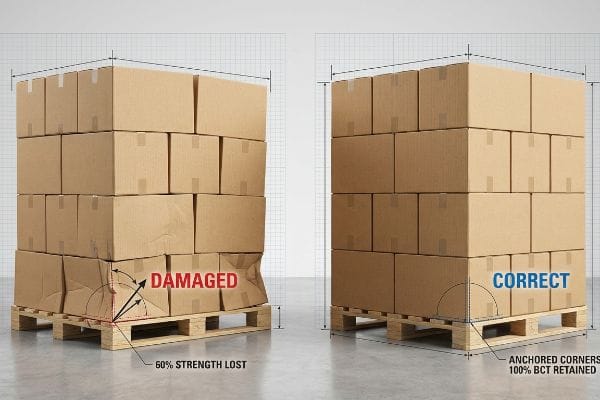 Brown corrugated cardboard boxes on wooden pallets, contrasting Damaged stacking with 60% Strength Lost due to overhang, against Correct stacking with Anchored Corners and 100% BCT Retained.