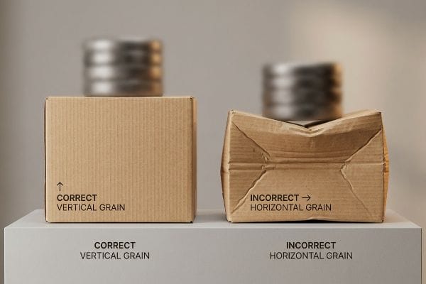 Brown corrugated boxes show packaging strength: one sturdy with Correct Vertical Grain, the other crushed from Incorrect Horizontal Grain.