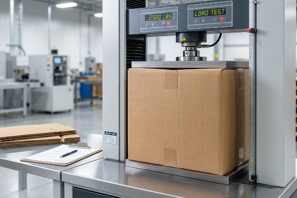 Brown corrugated box undergoing a Load Test on a compression machine, displaying 2,500 Lbs.