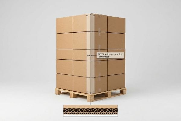 Wellpappkartons auf einer Palette, optimiert für den BCT (Box Compression Test) mit geriffeltem Faserplattenquerschnitt.