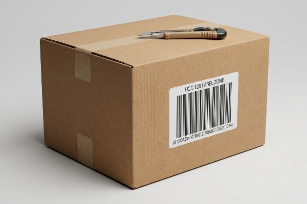 Brown corrugated shipping box with a prominent UCC-128 Label Zone barcode and a utility knife on its taped top.