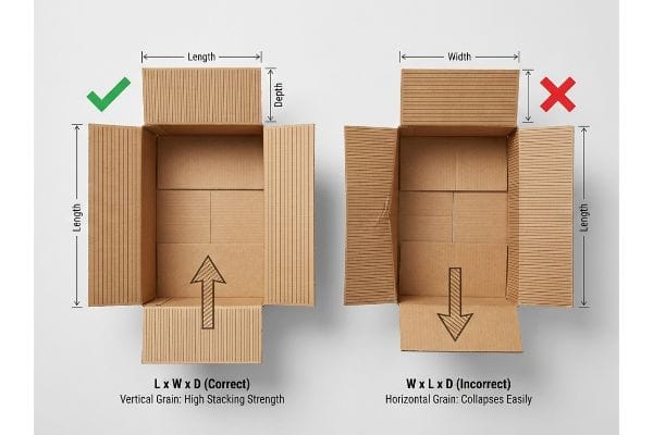 Corrugated cardboard boxes illustrating correct L x W x D vertical grain for high stacking strength versus incorrect W x L x D horizontal grain that collapses easily.