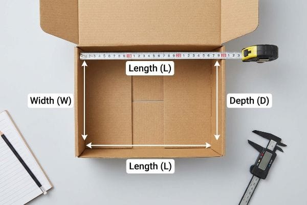 An overhead view shows an open cardboard box with a tape measure indicating Length (L), Width (W), and Depth (D), alongside a digital caliper.
