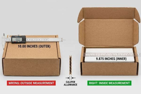 A digital caliper measures a brown corrugated box at 10.00 Inches (Outer), contrasting with a ruler showing the correct 9.875 Inches (Inner) measurement and caliper allowance.