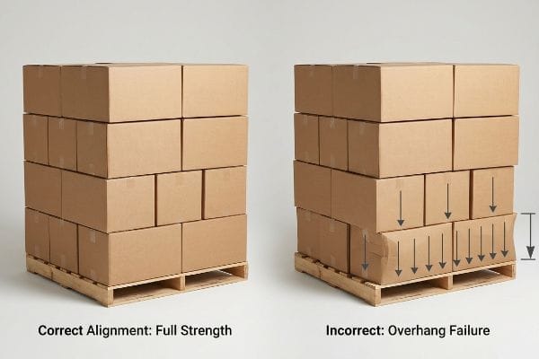 Palletized brown cardboard boxes compare Correct Alignment: Full Strength to Incorrect: Overhang Failure, highlighting vertical pressure and base buckling.