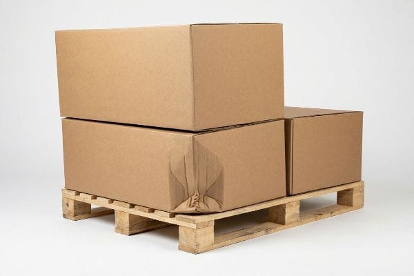 Brown corrugated shipping boxes stacked on a wooden pallet, one box visibly collapsed from transit damage.