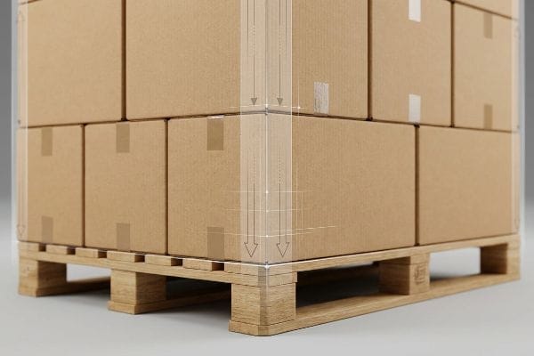 Brown corrugated cardboard boxes stacked on a wooden pallet, illustrating zero-overhang for optimal compression strength and structural integrity.