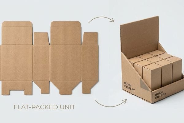 Assembled corrugated cardboard Bran Display box, filled with smaller units, shown alongside its flat-packed unit design.