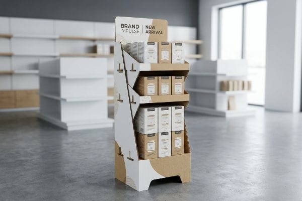 A modern retail environment features a three-tier corrugated cardboard display unit showcasing Brand Impulse New Arrival products in light-colored boxes.