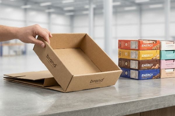 Brown corrugated cardboard PDQ tray with 'brand' logo being assembled by hand, alongside stacked 'Energy' and 'Cosmetics' retail-ready boxes.