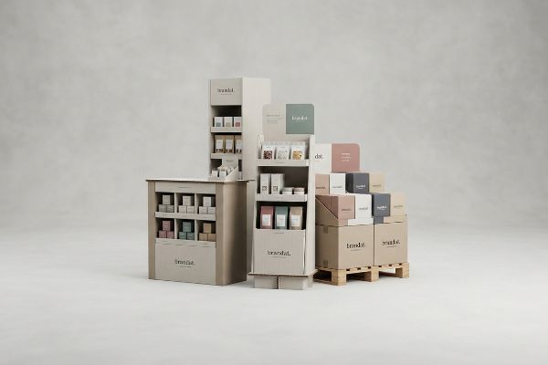 Cardboard retail display units, Brandat. products, and boxes on wooden half pallet merchandisers.