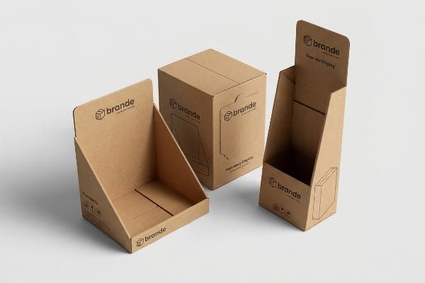Arrangement of three custom Brande corrugated cardboard display boxes, two open tear-off stands and one closed cube.