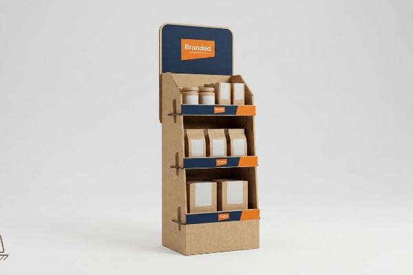 This corrugated cardboard display features three tiers of products with Branded blue and orange accents, showcasing jars, pouches, and boxes.