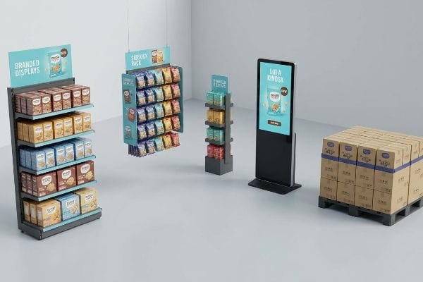 零售端架展示：货架单元、Sidekicks Pack 悬挂式展示架、小型展示架和 Snackie Crunch 售货亭。.