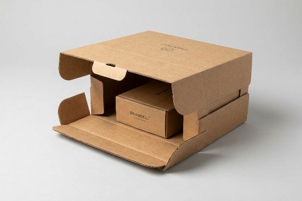 An open brown corrugated cardboard box reveals a smaller Brandel Packaging Design box nestled inside, showcasing protective product packaging.