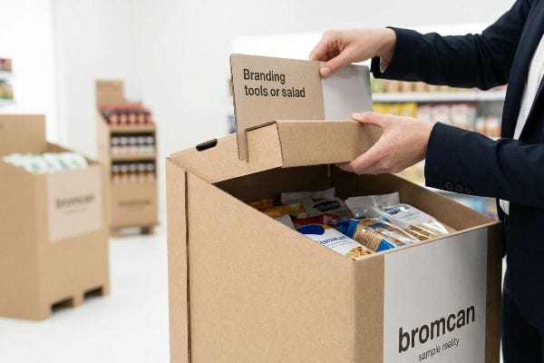 Hands assemble a corrugated cardboard bromcan display, inserting a divider labeled 'Branding tools or salad' above packaged snacks.