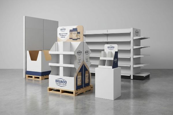 Brando Point of Purchase (POP) floor unit on a pallet, with a Brando Point of Sale (POS) countertop display and empty retail shelving.