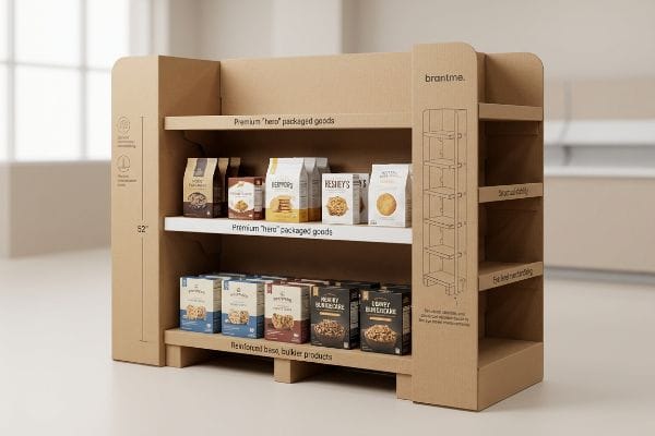 Brown corrugated brantme. display, 52-inch, with Premium 'Hero' Packaged Goods and Reinforced Base, Bulkier Products.