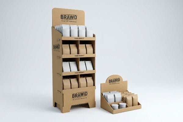 Corrugated cardboard Brawd Point of Purchase floor display and counter unit, featuring white and kraft retail product packaging.