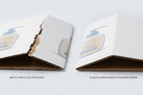 Cracked Brittle Recycled Testliner contrasts with smooth Elastic Virgin Kraft & Polymer Matrix for baby lotion packaging.
