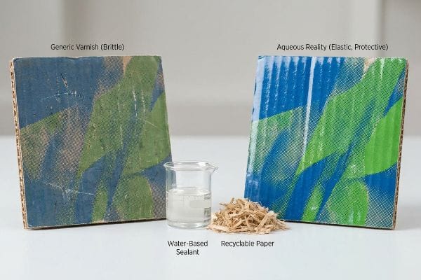 Corrugated samples: Generic Varnish (Brittle) vs. Aqueous Reality (Elastic, Protective) with water-based sealant and recyclable paper.