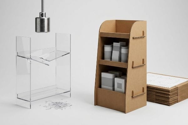 Shattered acrylic shelf, broken from an impact test, contrasts with a sturdy corrugated display holding products and flat-packed units.