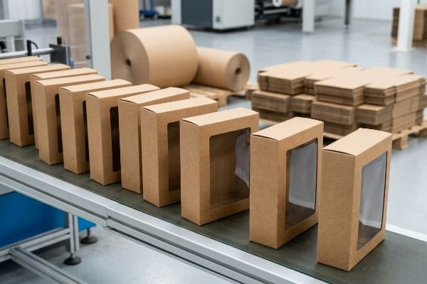 brown kraft window boxes conveyor