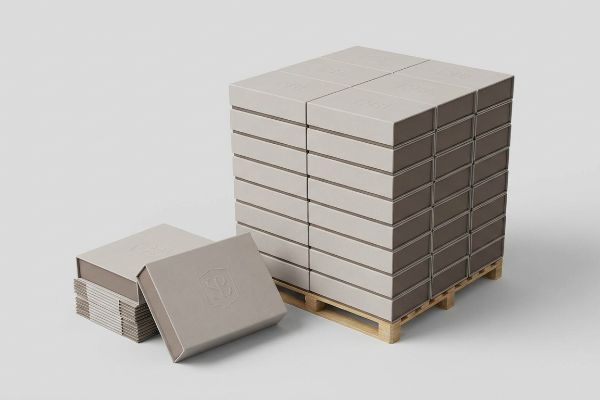 Numerous light beige custom cosmetics packaging boxes with an embossed shield logo featuring 'SP', stacked on a wooden pallet, ready for bulk shipping.