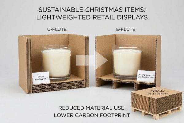 Corrugated C-Flute and E-Flute displays for candles, illustrating mathematical lightweighting for sustainable Christmas items and increased pallet density.