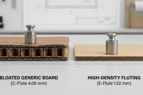 Bloated Generic C-Flute 4.06 mm board with weight, compared to High-Density E-Flute 1.52 mm, showcasing thickness difference.