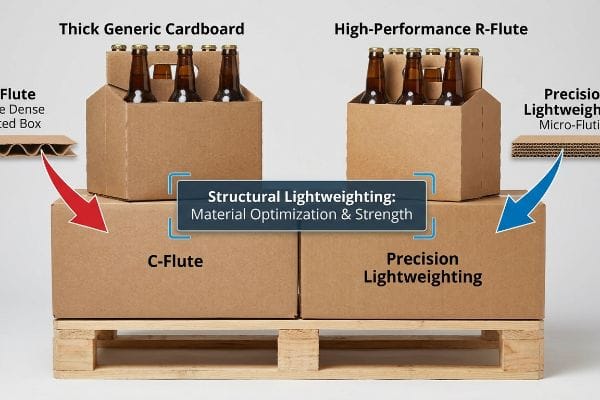 Cardboard beer packaging on a pallet compares Thick Generic Cardboard C-Flute to High-Performance R-Flute Micro-Fluting.