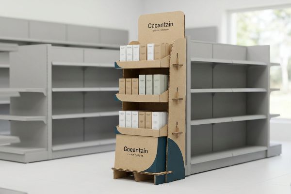 Retail store features a branded corrugated cardboard point-of-purchase display for Cacantain and Goentain, surrounded by empty shelves.