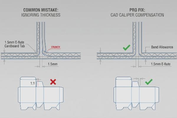 Common Mistake: Ignoring 1.5mm E-flute thickness, causing 'Crunch'. Pro Fix: CAD Caliper Compensation with Bend Allowance.