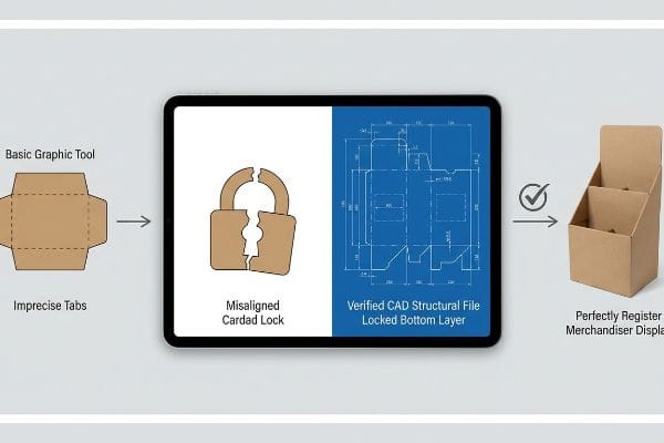 A diagram shows a Basic Graphic Tool creating Imprecise Tabs and a Misaligned Cardad Lock, contrasted with a Verified CAD Structural File for a Locked Bottom Layer, ensuring a Perfectly Register Merchandiser Display.