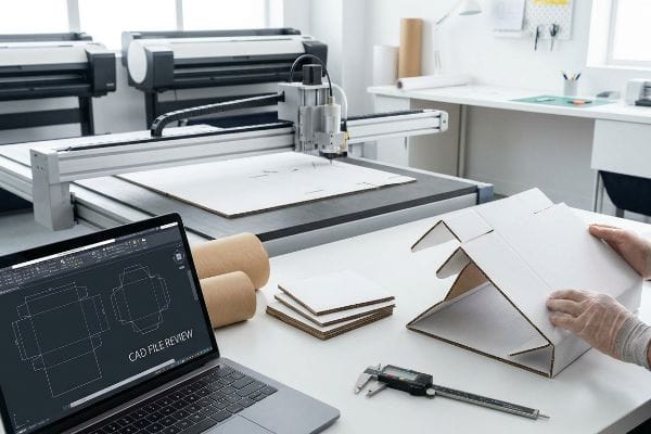 Gloved hands assemble a white corrugated box, laptop shows Cad File Review dieline, CNC cutting table, digital caliper.