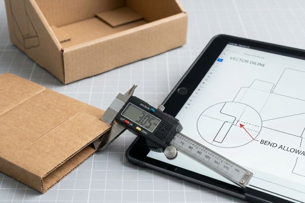 A digital caliper measures 3.05 mm corrugated board thickness, next to an iPad displaying a Vector Diline with Bend Allowance details.