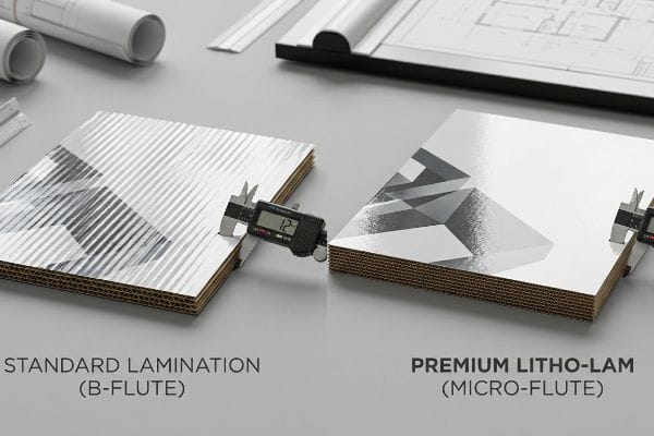 Standard Lamination B-Flute with 1.2mm caliper measurement contrasts Premium Litho-Lam Micro-Flute.