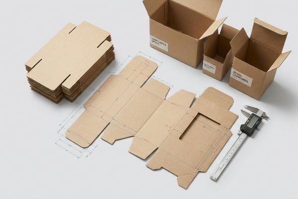Measuring retail packaging: flat cardboard blanks, assembled boxes (Common Inner Packs, Small Parts, Retail Standards), and a digital caliper.