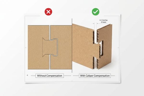 Corrugated cardboard comparison illustrates interlocking tab fit: Without Compensation vs. With Caliper Compensation, showing a 0.12 inches (3 mm) gap.