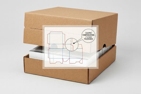 Brown corrugated cardboard display box with a die-cut diagram overlay showing Caliper Compensation and a +1.2 mm tolerance for folding.