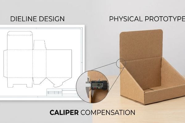 Brown corrugated display box prototype with a digital caliper measuring 1.81, contrasted with its Dieline Design blueprint, highlighting Caliper Compensation.