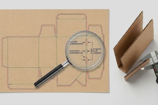 Brown kraft cardboard dieline template with a magnifying glass highlighting 