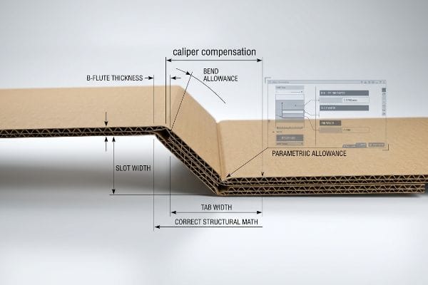 Corrugated B-flute cardboard cross-section detailing Caliper Compensation, Bend Allowance, Slot Width, and Parametric Allowance for structural math.