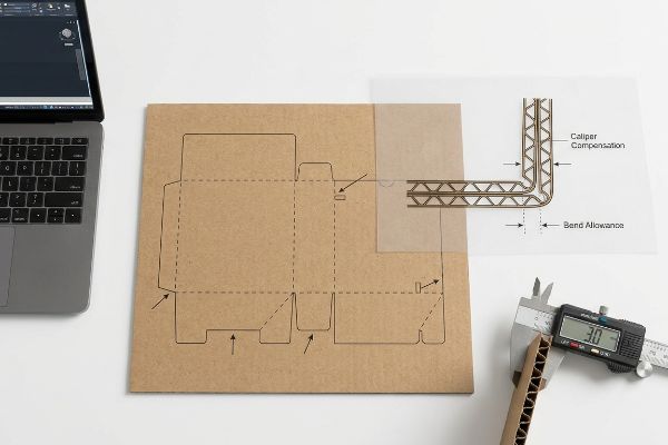 Brown cardboard template, CAD, digital caliper (3.0 mm), diagram: Caliper Compensation, Bend Allowance.