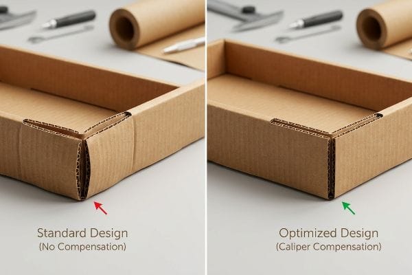 Corrugated box comparison: Standard Design (No Compensation) with bowed corner vs. Optimized Design (Caliper Compensation) with square joint.