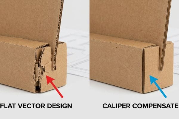 Brown corrugated cardboard shows a Flat Vector Design with tearing versus a smooth, perfectly fitted Caliper Compensate fold, highlighting the fold caliper trap.