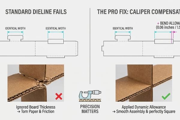 Corrugated dieline comparison: 'Standard Dieline Fails' with torn paper vs. 'Caliper Compensation' with 0.06 inches (1.5 mm) bend allowance for smooth assembly.