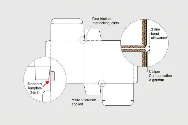 A cardboard dieline diagram illustrates the Caliper Compensation Algorithm, featuring a 3 mm bend allowance, Zero-Friction Interlocking Joints, and highlights why a Standard Template (Fails).