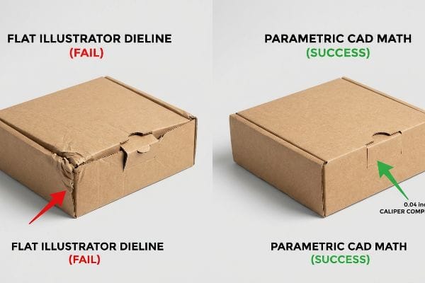 Cardboard packaging comparison: crumpled Flat Illustrator Dieline (Fail) vs. perfect Parametric CAD Math (Success) with 0.04 inch Caliper Comp.